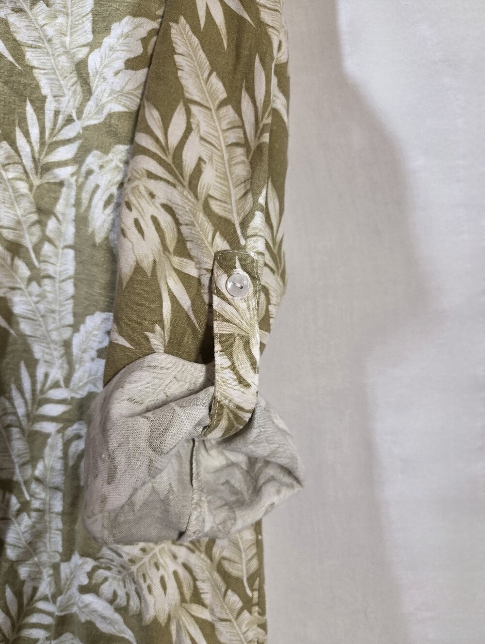 Linen Blend Tropical Tunic Euro Sz 36 Button Up Sleeve Split V Neck Cream - Picture 5 of 11